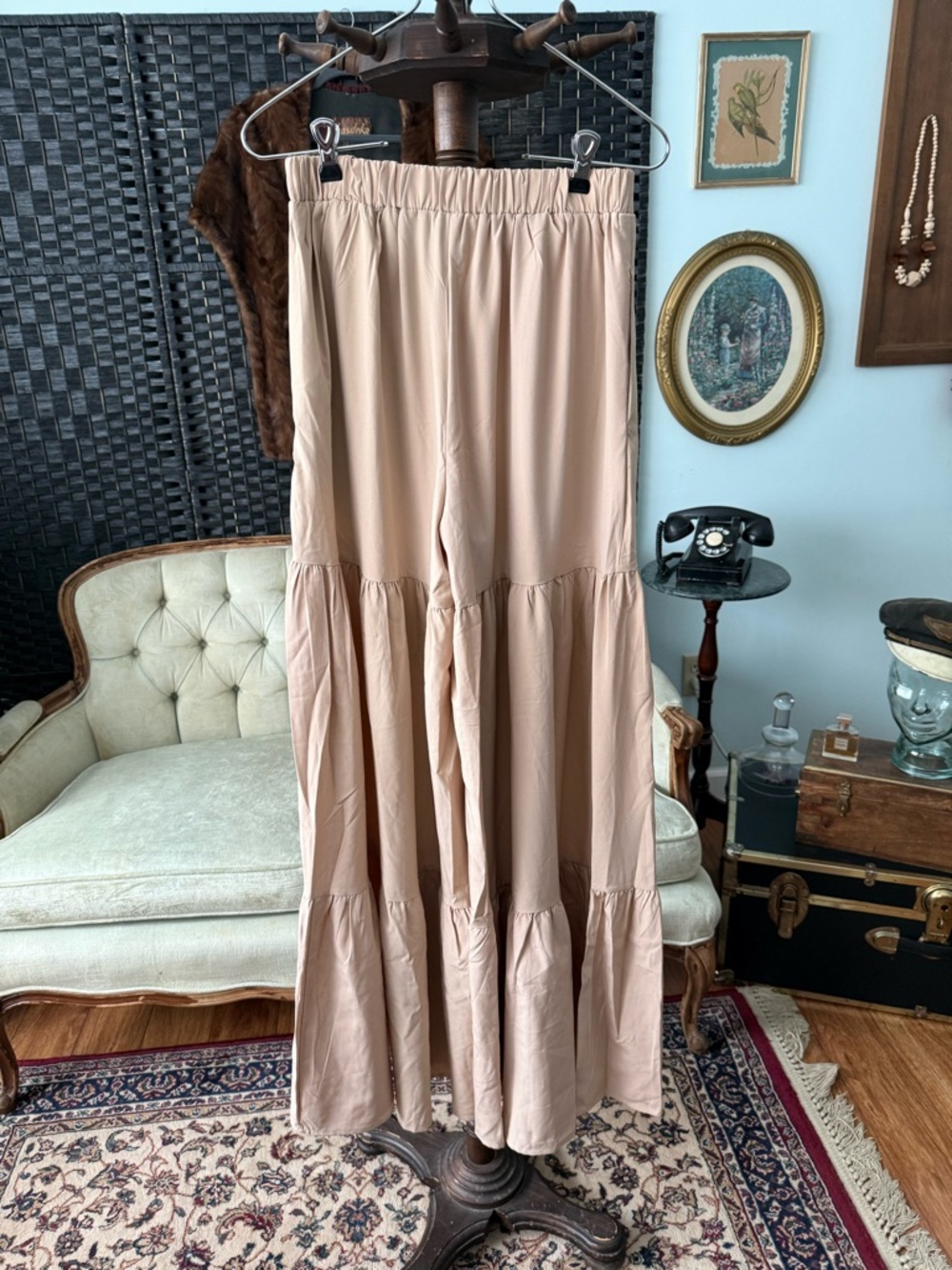 🤎 FAERIesty Neutral Two Piece Set Tiered Wide Leg Pants Crop Top Boho Chic Sz S - Picture 6 of 14